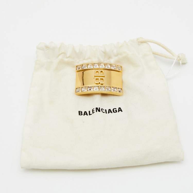 Pre Owned Balenciaga Logo Crystals Gold Tone Metal Ear Cuff