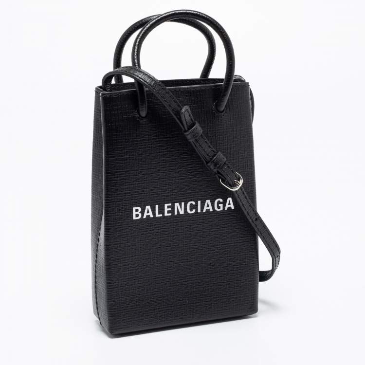 Pre Owned Balenciaga Black Leather Shopping Phone Holder Bag