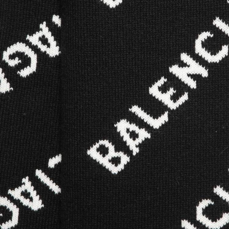 Pre Owned Balenciaga Black/White Logo Intarsia Wool Blend Scarf