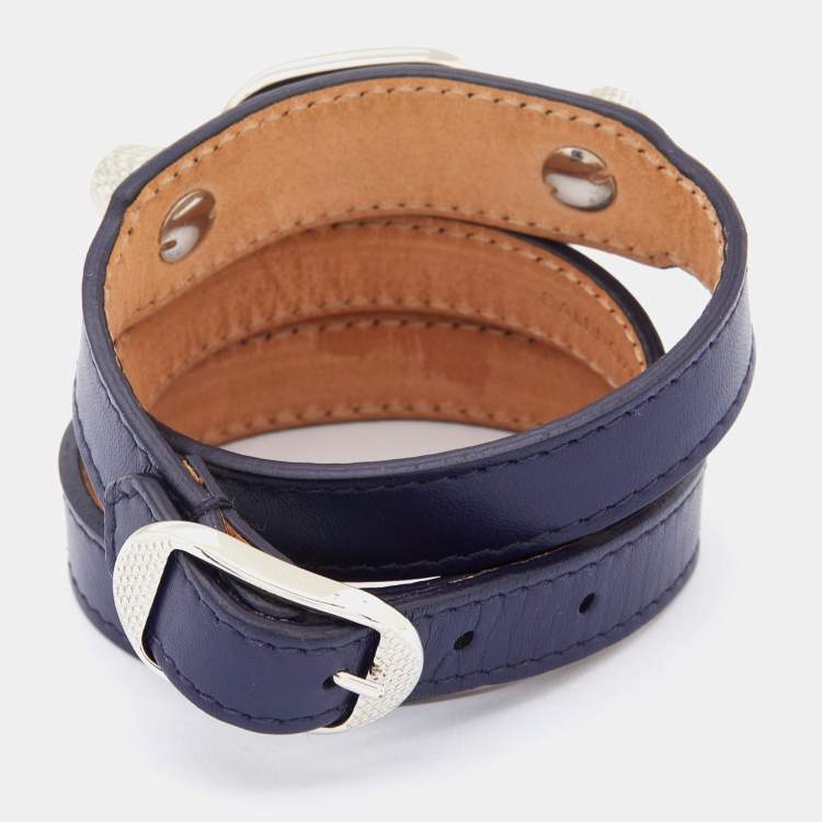 Pre Owned Balenciaga Navy Blue Leather Silver Tone Triple Tour Bracelet