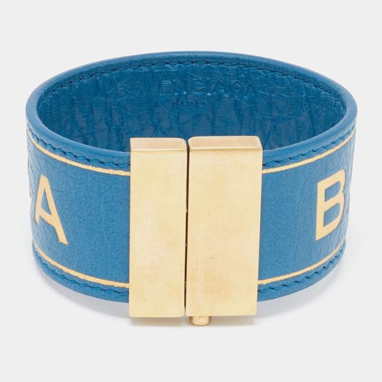Pre Owned Balenciaga Blue Leather Logo Embossed Gold Tone Bracelet