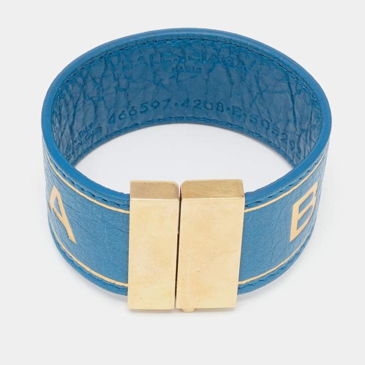 Pre Owned Balenciaga Blue Leather Logo Embossed Gold Tone Bracelet