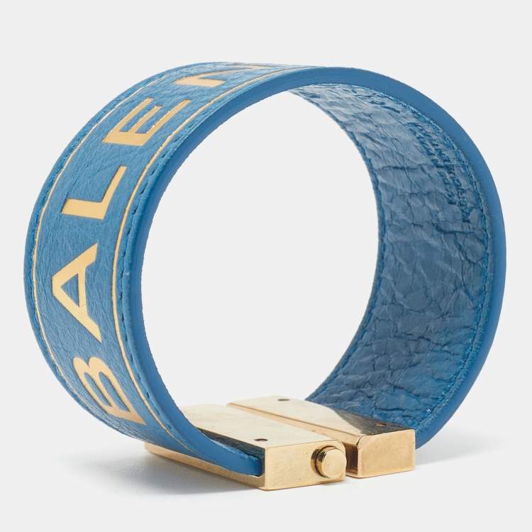 Pre Owned Balenciaga Blue Leather Logo Embossed Gold Tone Bracelet
