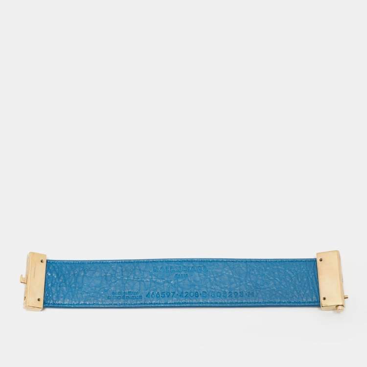 Pre Owned Balenciaga Blue Leather Logo Embossed Gold Tone Bracelet