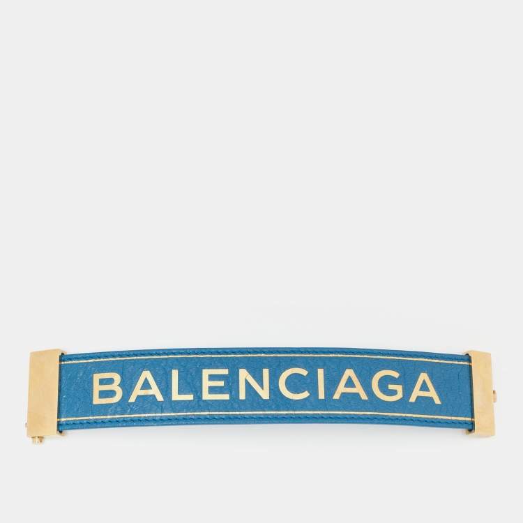 Pre Owned Balenciaga Blue Leather Logo Embossed Gold Tone Bracelet