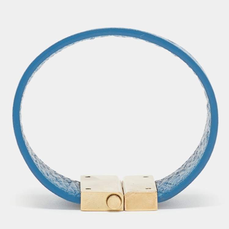 Pre Owned Balenciaga Blue Leather Logo Embossed Gold Tone Bracelet