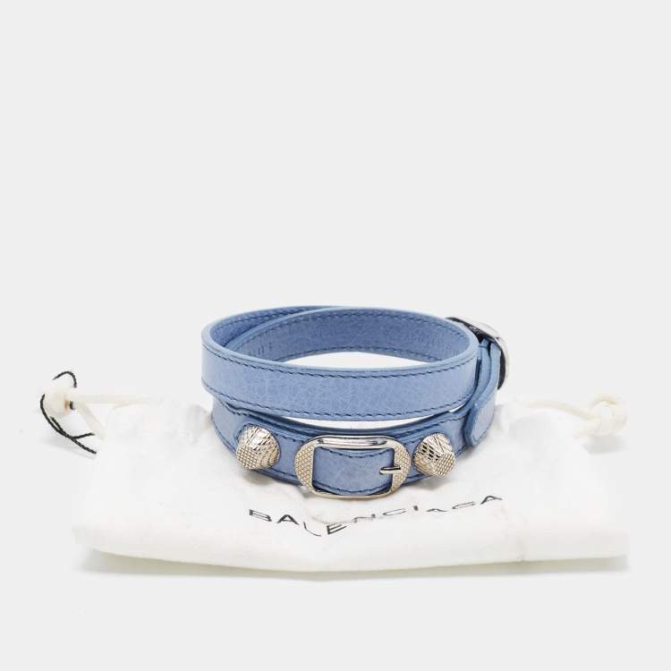 Pre Owned Balenciaga Arena Blue Leather Silver Tone Wrap Bracelet