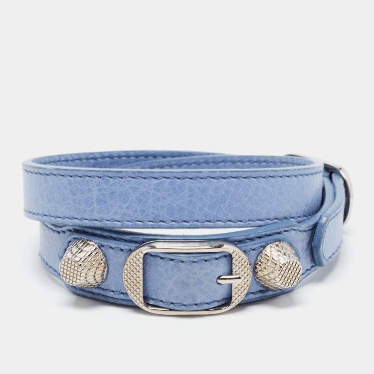 Pre Owned Balenciaga Arena Blue Leather Silver Tone Wrap Bracelet