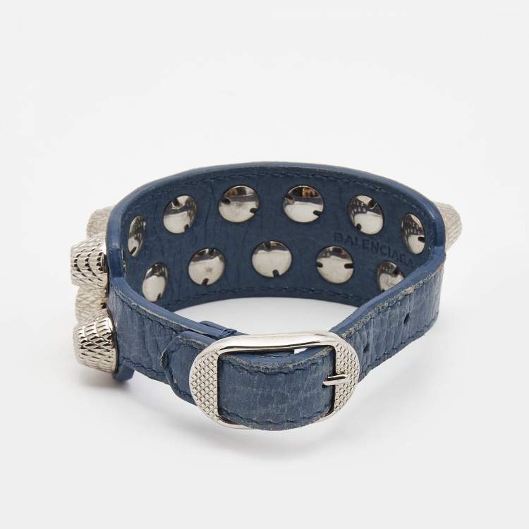 Pre Owned Balenciaga Stud Silver Tone Leather Bracelet
