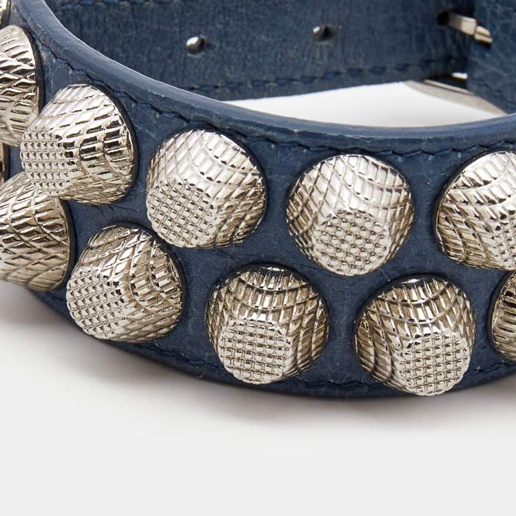 Pre Owned Balenciaga Stud Silver Tone Leather Bracelet