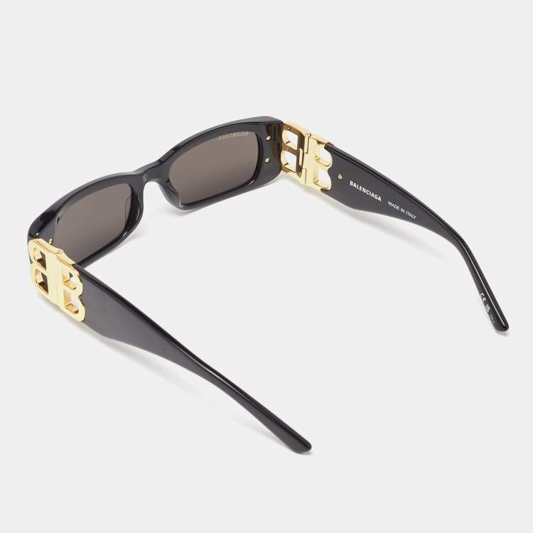 Pre Owned Balenciaga Black/Grey BB0096S Gold Tone Logo Detail Rectangle Sunglasses