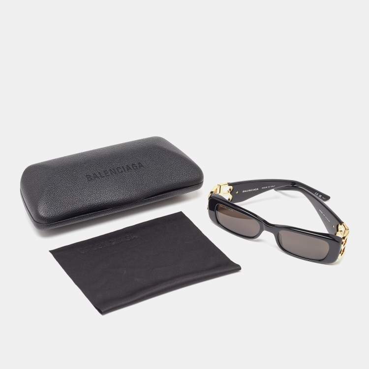 Pre Owned Balenciaga Black/Grey BB0096S Gold Tone Logo Detail Rectangle Sunglasses