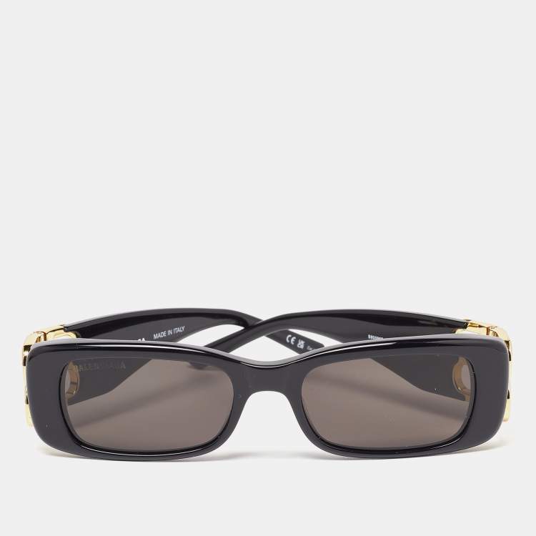 Pre Owned Balenciaga Black/Grey BB0096S Gold Tone Logo Detail Rectangle Sunglasses