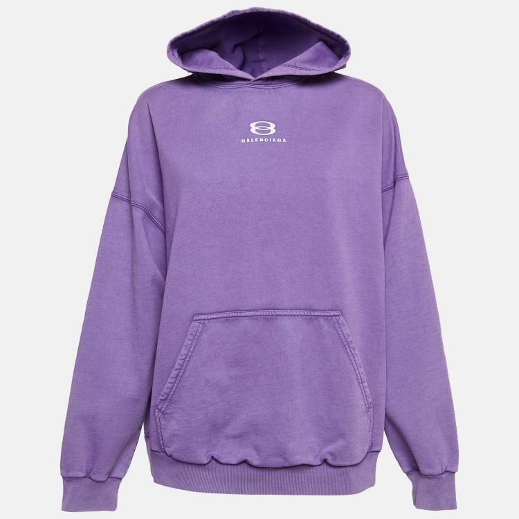 Pre Owned Balenciaga Purple Logo Embroidered Cotton Hoodie L