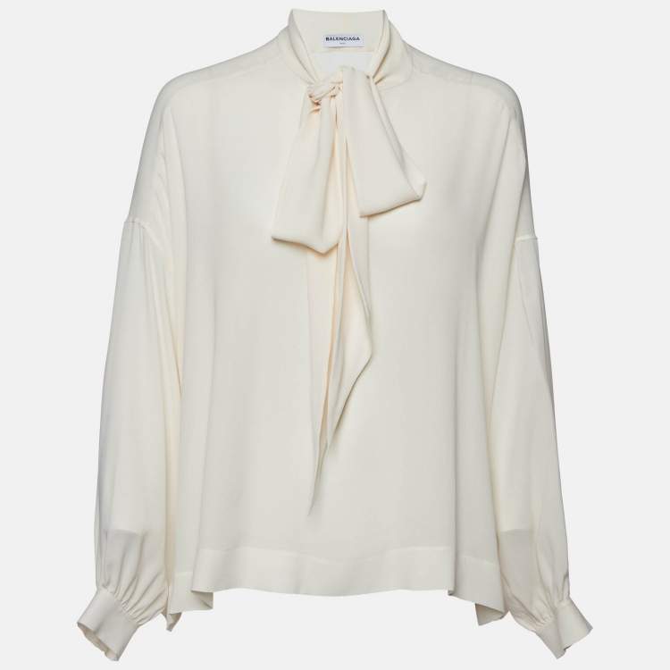 Pre Owned Balenciaga Cream Silk Crepe Neck Tie-Up Top S