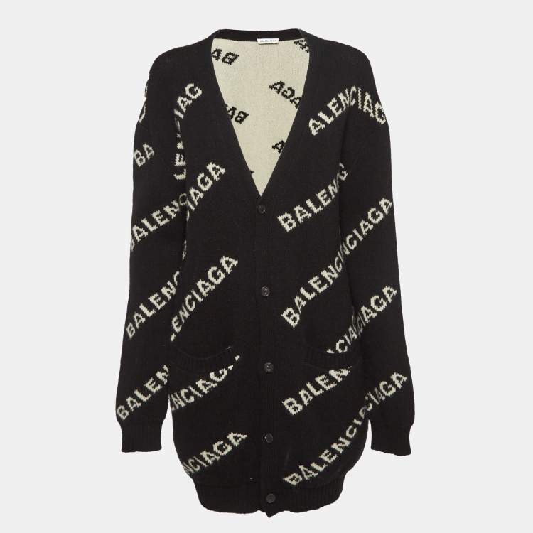 Pre Owned Balenciaga Black Logo Rib Knit Oversized Cardigan XL