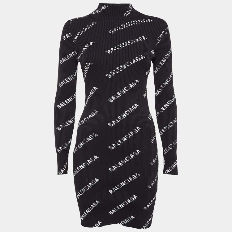 Pre Owned Balenciaga Black Logo Print Rib Knit Bodycon Dress M