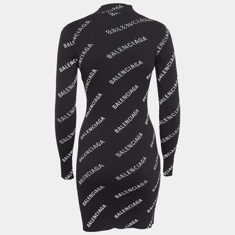 Pre Owned Balenciaga Black Logo Print Rib Knit Bodycon Dress M