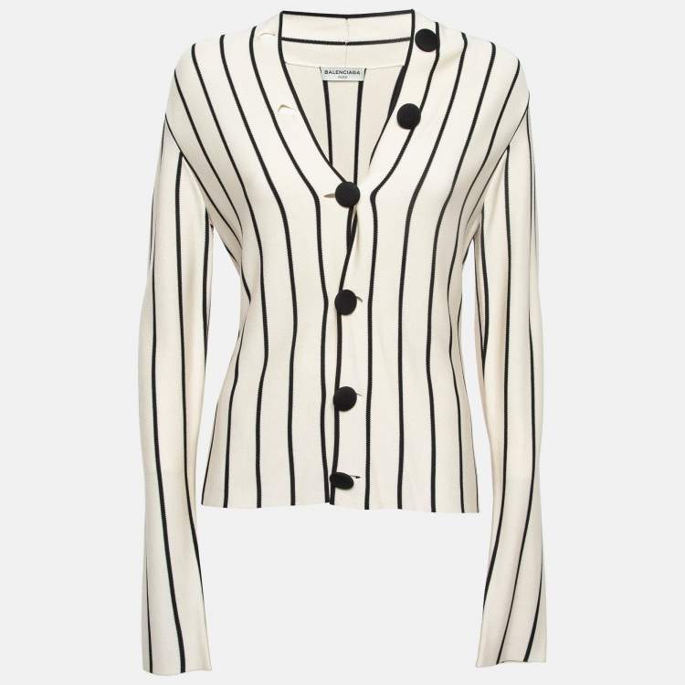 Pre Owned Balenciaga Cream Striped Silk Knit Cardigan M
