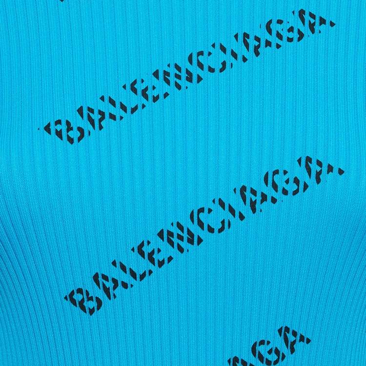 Pre Owned Balenciaga Blue Logo Print Rib Knit Full Sleeve Top S