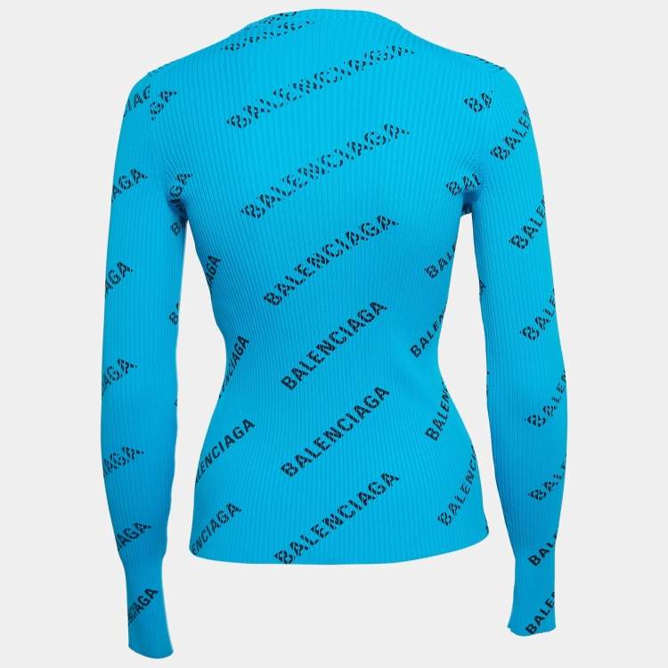 Pre Owned Balenciaga Blue Logo Print Rib Knit Full Sleeve Top S