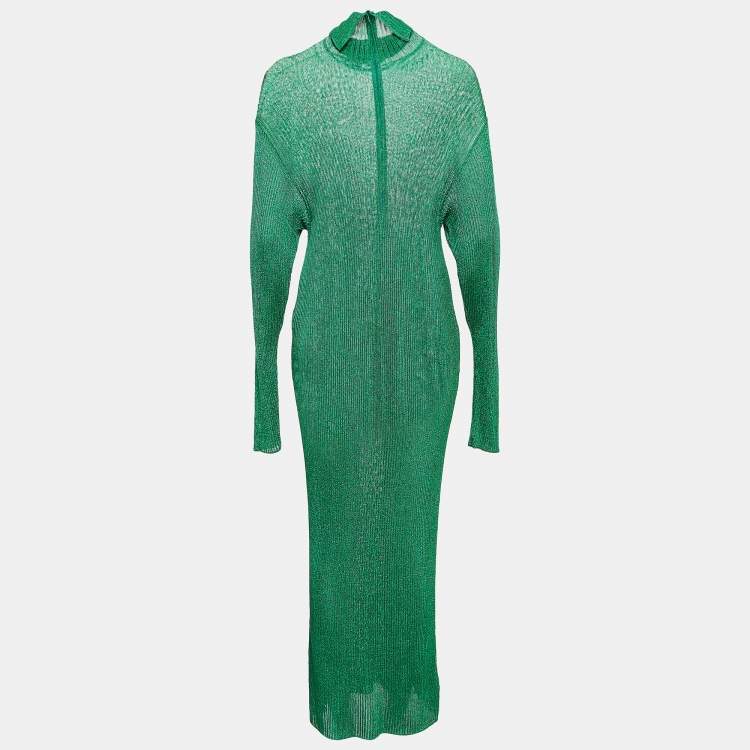Pre Owned Balenciaga Green Metallic Rib Knit Turtle Neck Maxi Dress S