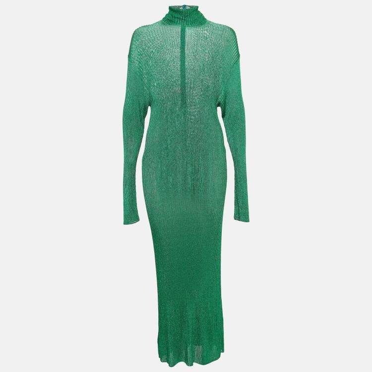 Pre Owned Balenciaga Green Metallic Rib Knit Turtle Neck Maxi Dress S
