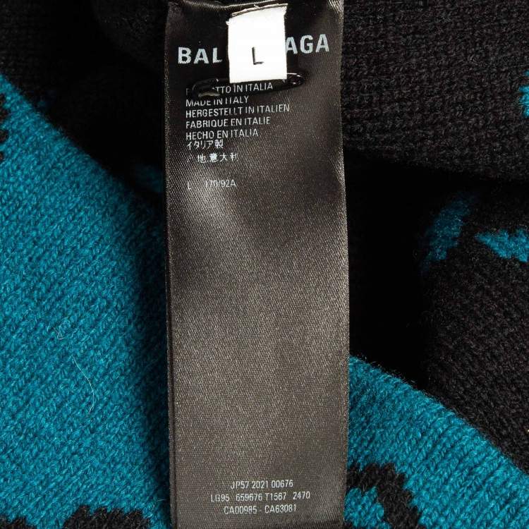 Pre Owned Balenciaga Blue Monogram Jacquard Wool Knit Long Archetype Cardigan L