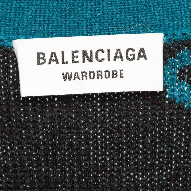 Pre Owned Balenciaga Blue Monogram Jacquard Wool Knit Long Archetype Cardigan L