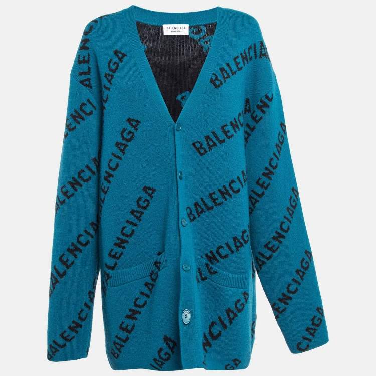 Pre Owned Balenciaga Blue Monogram Jacquard Wool Knit Long Archetype Cardigan L