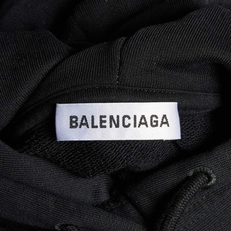 Pre Owned Balenciaga Black Logo Print Cotton Knit Hoodie XS