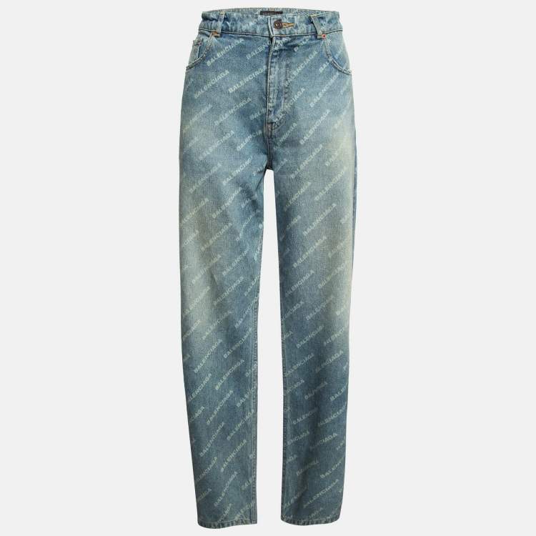 Pre Owned Balenciaga Blue Washed & Distressed Logo Print Denim Unisex Jeans S Waist 34"