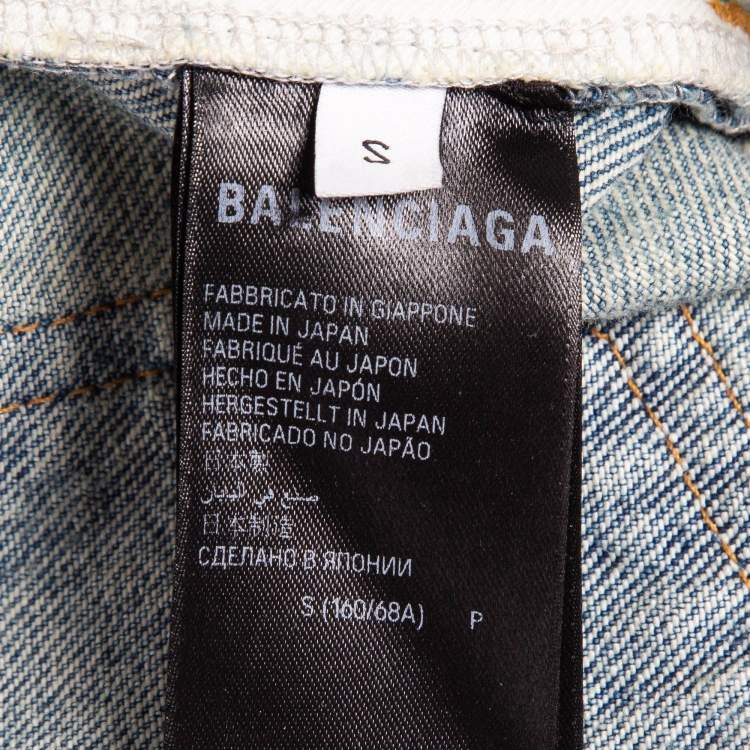 Pre Owned Balenciaga Blue Washed & Distressed Logo Print Denim Unisex Jeans S Waist 34"