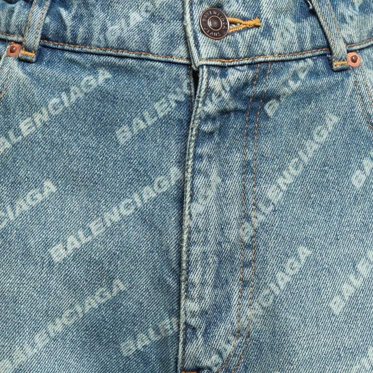 Pre Owned Balenciaga Blue Washed & Distressed Logo Print Denim Unisex Jeans S Waist 34"