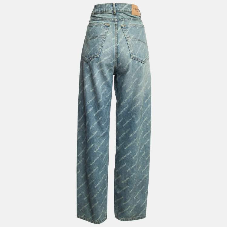 Pre Owned Balenciaga Blue Washed & Distressed Logo Print Denim Unisex Jeans S Waist 34"