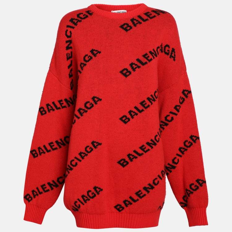 Pre Owned Balenciaga Red All Over Logo Intarsia Wool Knit Oversized Sweater L