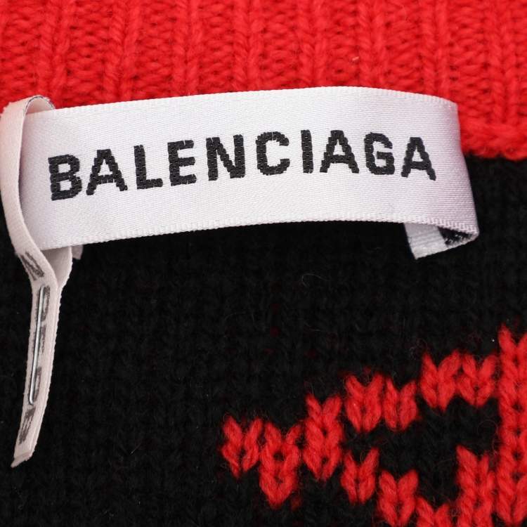 Pre Owned Balenciaga Red All Over Logo Intarsia Wool Knit Oversized Sweater L