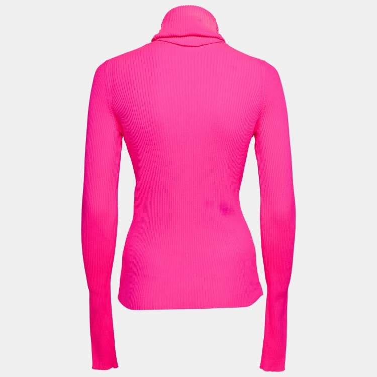 Pre Owned Balenciaga Neon Pink Rib Knit Turtleneck Sweater M