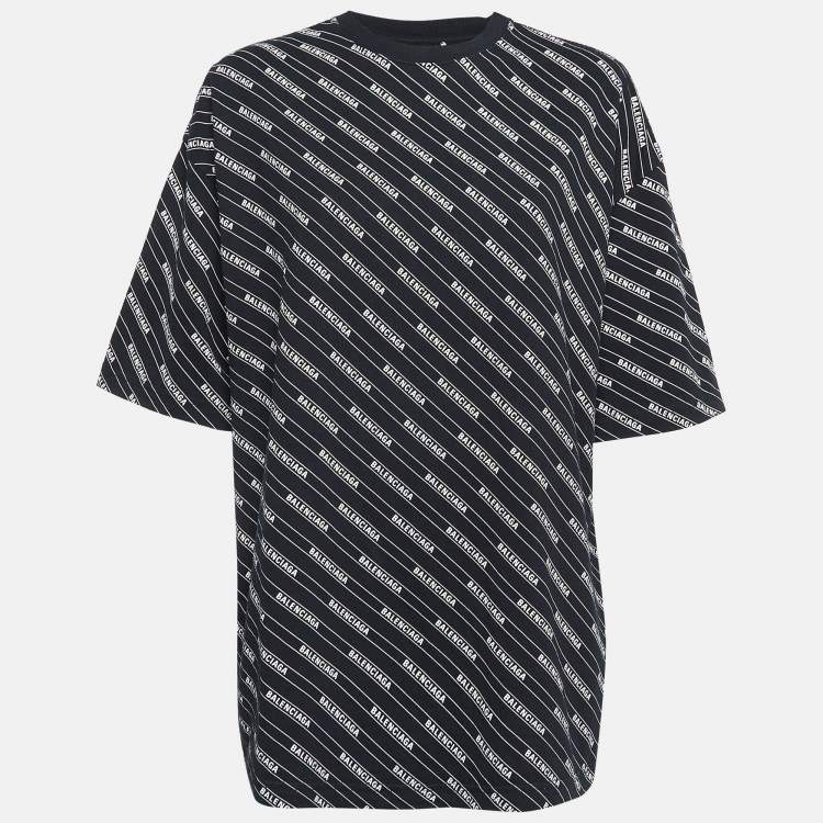 Pre Owned Balenciaga Black Logo Print Cotton Knit Oversized Crew Neck T-Shirt M