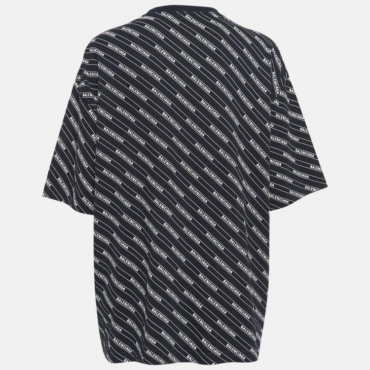 Pre Owned Balenciaga Black Logo Print Cotton Knit Oversized Crew Neck T-Shirt M