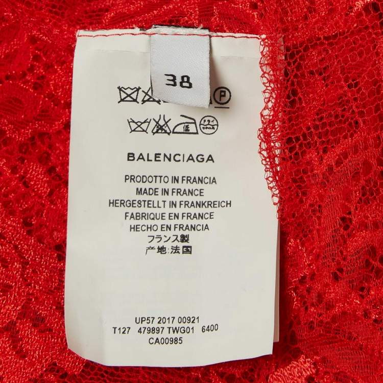 Pre Owned Balenciaga Red Sheer Lace Neck Tie-Up Top M