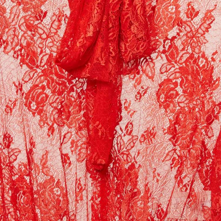 Pre Owned Balenciaga Red Sheer Lace Neck Tie-Up Top M