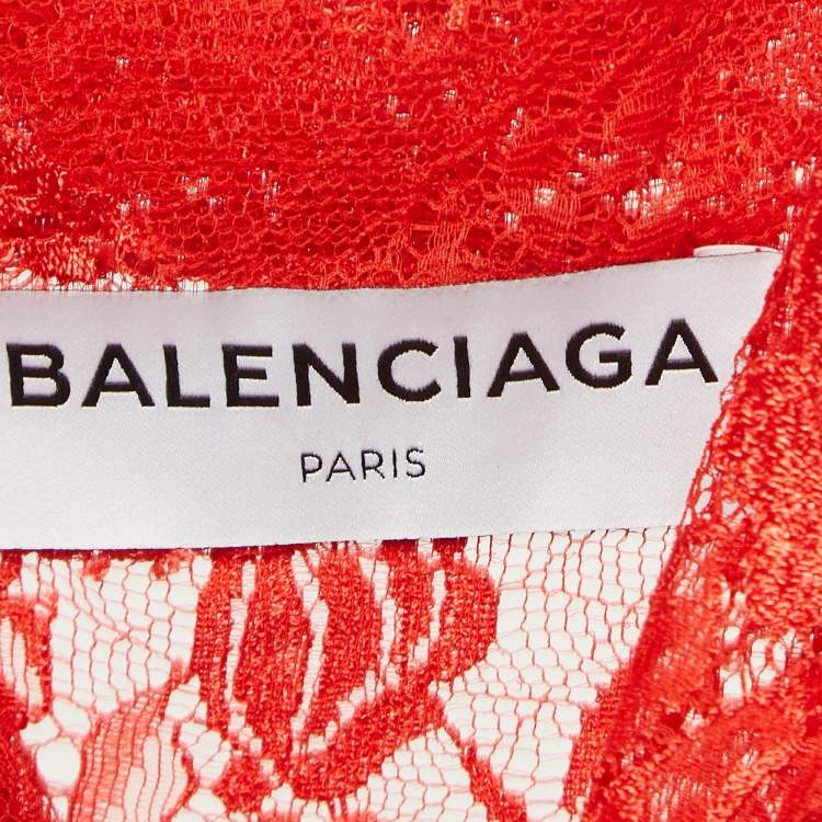 Pre Owned Balenciaga Red Sheer Lace Neck Tie-Up Top M