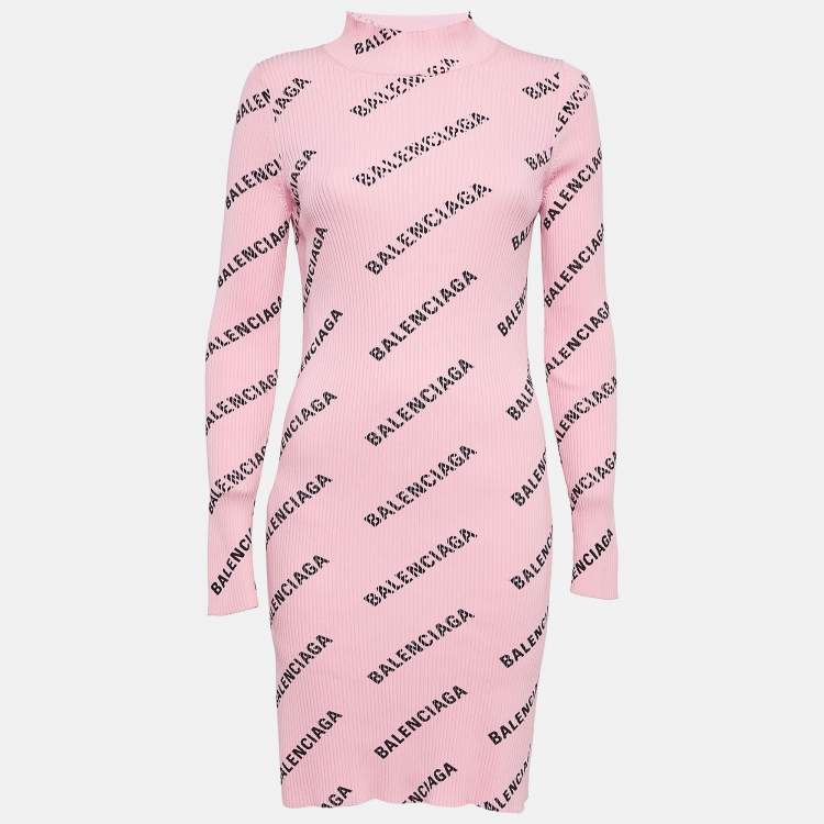 Pre Owned Balenciaga Pink Logo Print Rib Knit Bodycon Dress M