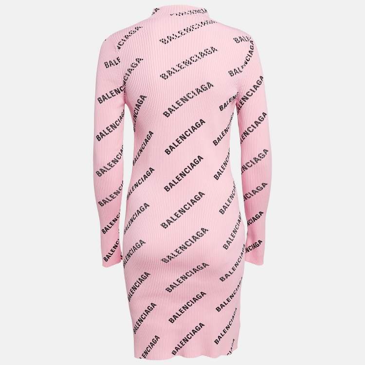Pre Owned Balenciaga Pink Logo Print Rib Knit Bodycon Dress M