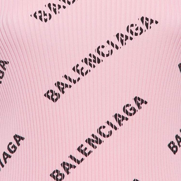 Pre Owned Balenciaga Pink Logo Print Rib Knit Bodycon Dress M