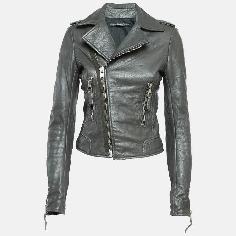 Pre Owned Balenciaga Green Leather Biker Jacket M