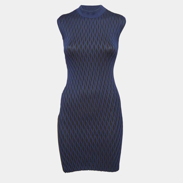 Pre Owned Balenciaga Black/Blue Textured Knit Mini Dress S