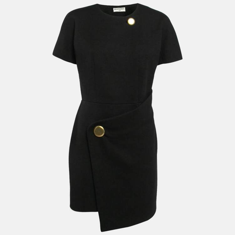Pre Owned Balenciaga Black Wool Wrap Detail Asymmetric Hem Mini Dress M