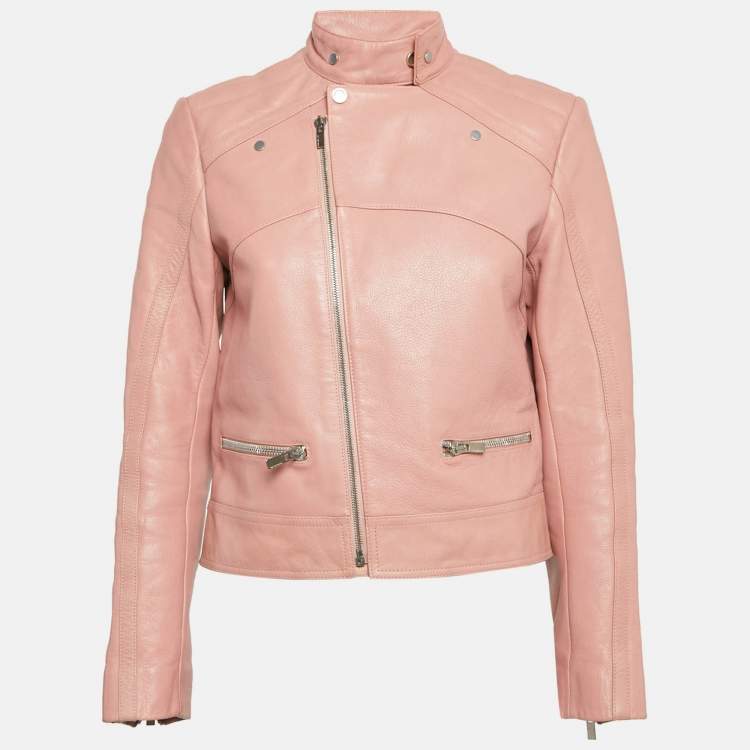 Pre Owned Balenciaga Pink Leather Zipper Detail Rider Jacket M